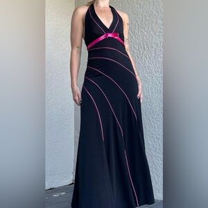Love Tease Black Maxi Halter Dress with Pink Accents